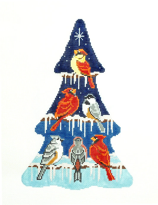 Christmas Bird ~ 6 Birds Christmas Tree 11.5" Tall handpainted 13 mesh Needlepoint Canvas by Alice Peterson