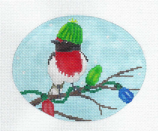 Bird Canvas ~ Bird in Hat with Christmas Lights Ornament  Hand Painted Needlepoint Canvas by Scott Church
