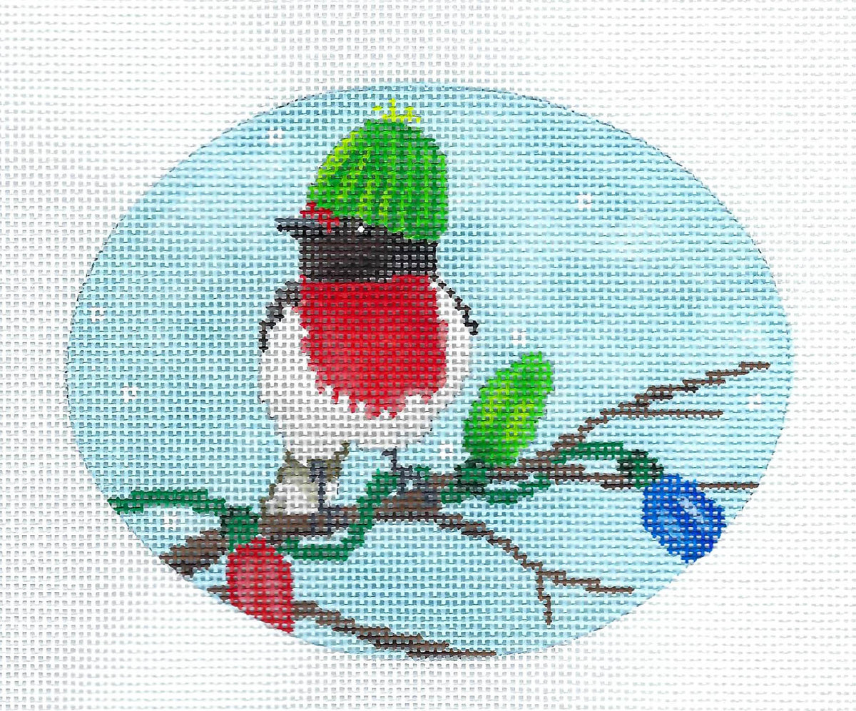 Bird Canvas ~ Bird in Hat with Christmas Lights Ornament  Hand Painted Needlepoint Canvas by Scott Church