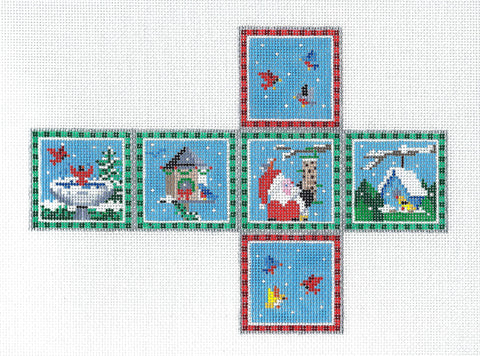 Christmas Cube ~ Birds & Santa CUBE 3-D Ornament handpainted Needlepoint Canvas by Susan Roberts