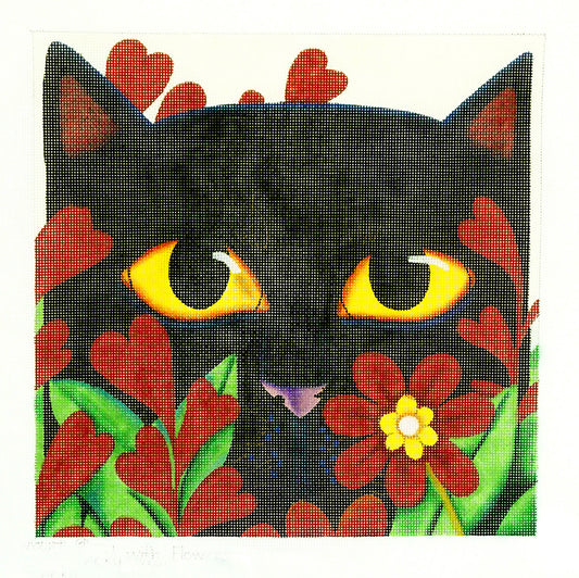 Cat ~ Black Cat with Mysterious Eyes in Flowers handpainted Needlepoint Canvas by Vicky Mount from PLD