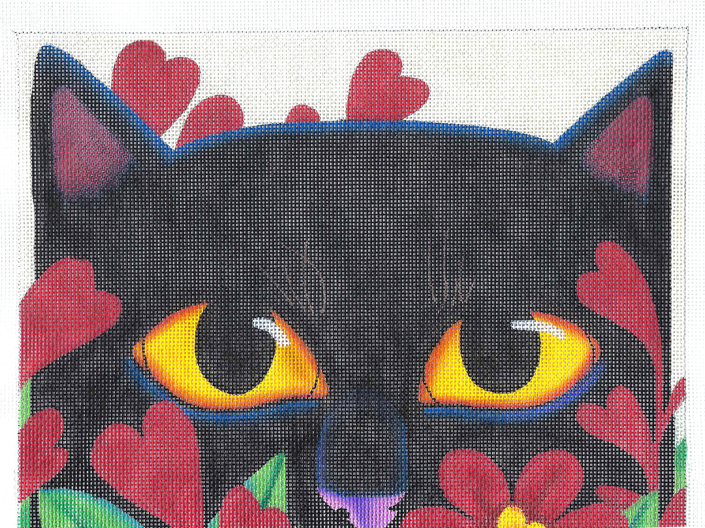 Cat ~ Black Cat with Mysterious Eyes in Flowers handpainted Needlepoint Canvas by Vicky Mount from PLD