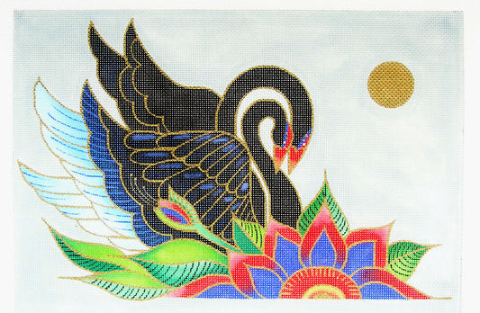 Laurel Burch ~ Two Black Swans with Lotus Blossom Large Handpainted Needlepoint Canvas from Danji