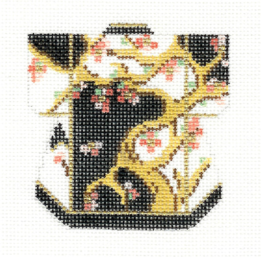 Kimono ~ Petite Black & Gold with Blossoms handpainted Needlepoint Canvas