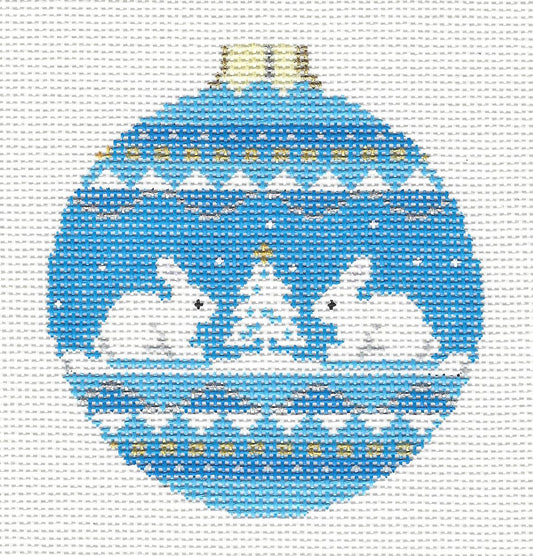 Christmas ~ SNOW BUNNIES on Blue handpainted Needlepoint Ornament by Susan Roberts