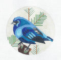 Bird Round ~ Blue Bunting Bird on Pine Branch 18 mesh handpainted 4" Rd. Needlepoint Ornament by Melissa Prince