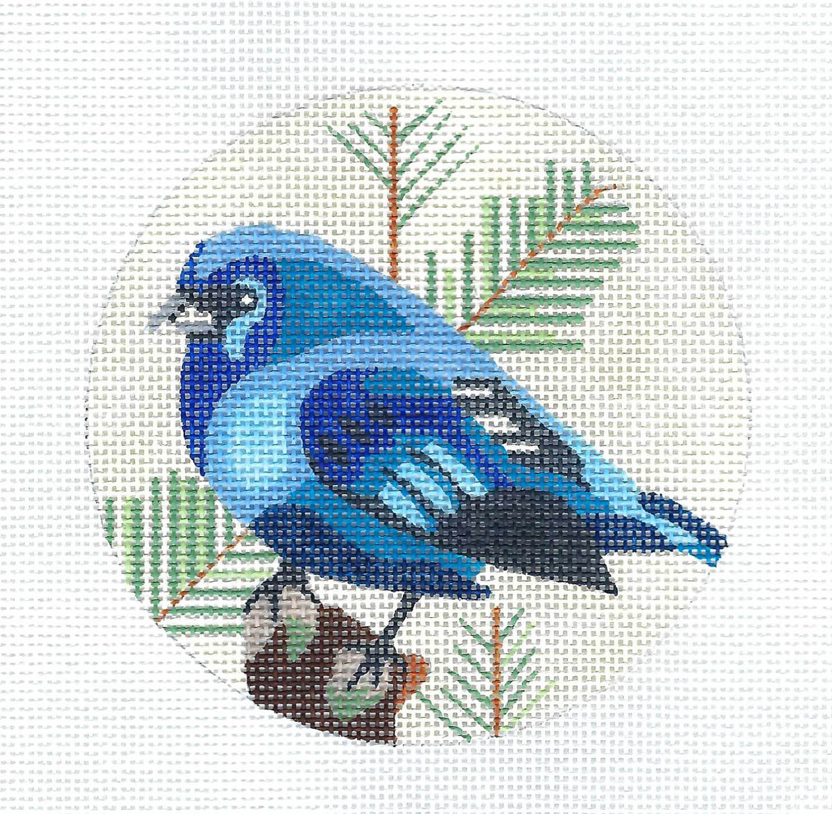 Bird Round ~ Blue Bunting Bird on Pine Branch 18 mesh handpainted 4" Rd. Needlepoint Ornament by Melissa Prince