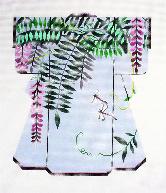Kimono ~ LG. Japanese Floral Kimono with Blue Dragonfly & Wisteria handpainted Needlepoint Canvas LEE
