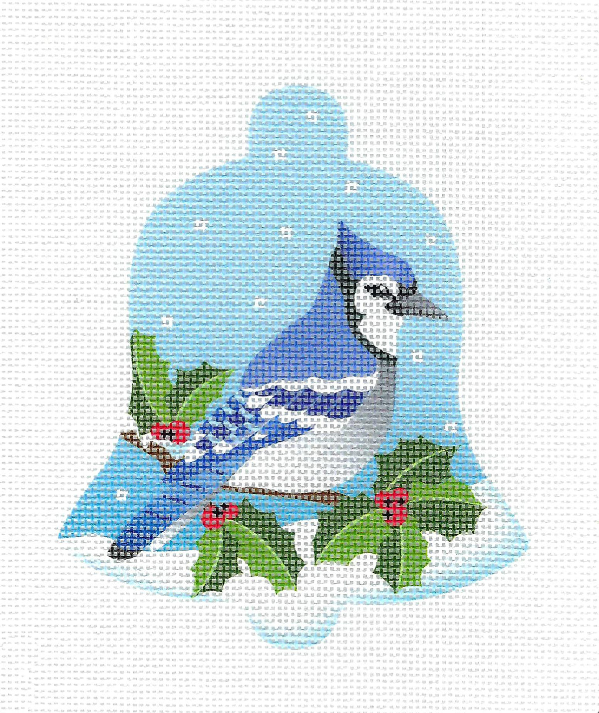 Bird Bell ~ Blue Jay on Branch in Snow handpainted 18 Mesh Needlepoint Ornament Canvas by Pepperberry