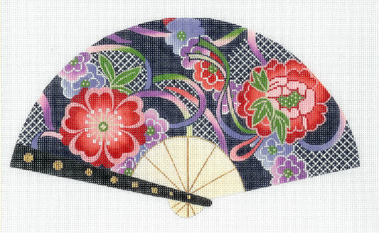 Oriental Fan ~ Swirling Ribbons & Red Blossoms on Navy Oriental Fan handpainted Needlepoint Canvas by LEE