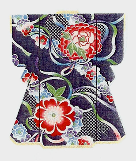 Kimono ~ Ribbons & Flowers LG. Blue Japanese Kimono handpainted Needlepoint Canvas by LEE