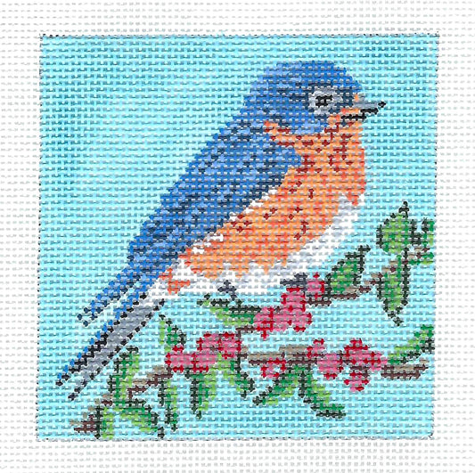 Bird canvas ~ Eastern Bluebird 3.5" Sq. 18 mesh handpainted Needlepoint Ornament Canvas by Needle Crossings
