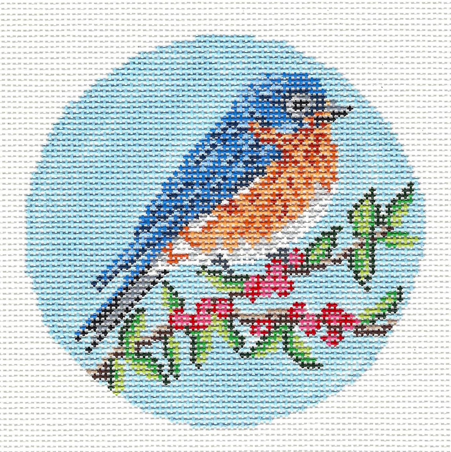Bird canvas ~ Elegant Eastern Bluebird 4" Round Ornament handpainted 18 mesh Needlepoint Canvas by Needle Crossings