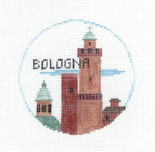 Travel Round ~ Bologna in Northern Italy  4" Rd. 18 Mesh handpainted Needlepoint Canvas by Kathy Schenkel