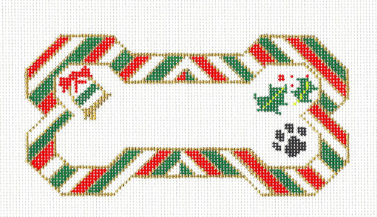 Dog Bone ~ Christmas Diagonal Stripes with Paw Print & Holly hand painted needlepoint canvas Ornament by BP from Danji