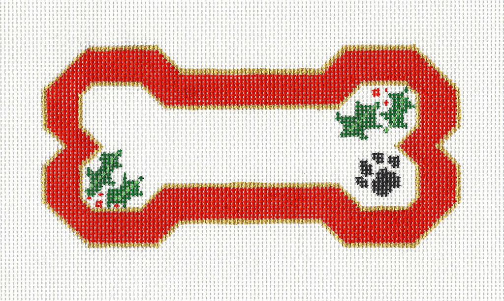 Dog Bone ~ Red with Holly & Paw Print 18 Mesh & STITCH GUIDE handpainted Needlepoint Canvas Ornament by BP Design from Danji