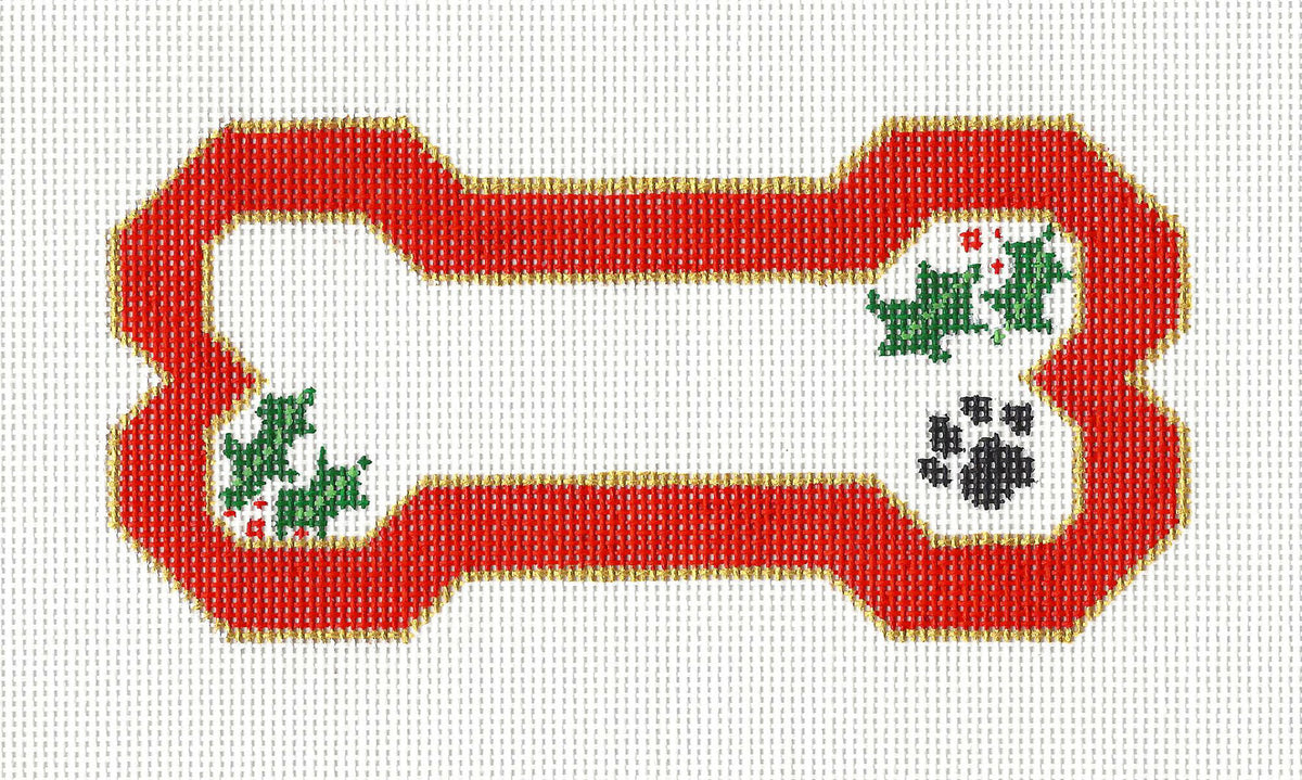 Dog Bone ~ Red with Holly & Paw Print 18 Mesh & STITCH GUIDE handpainted Needlepoint Canvas Ornament by BP Design from Danji