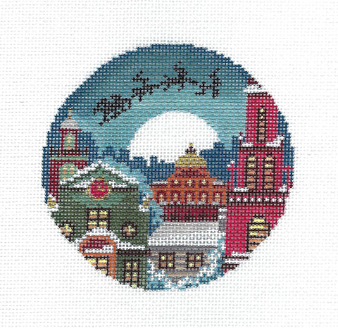 Travel ~ CITY of BOSTON on Christmas Eve with Santa in Sleigh handpainted Needlepoint Ornament Canvas by Abigail Cecile from Julimar
