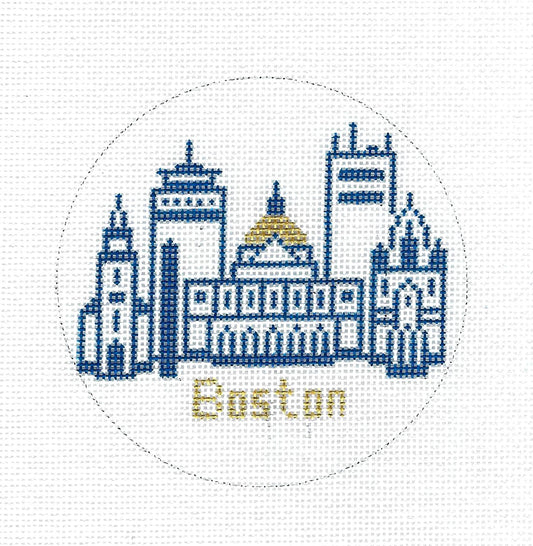 Travel ~ Skyline of BOSTON, MA in Blue and Gold handpainted on 18 mesh Needlepoint Canvas from Danji