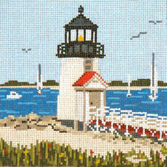 Travel Canvas ~ Brant Point Lighthouse Nantucket handpainted 18 mesh 5" Sq. Needlepoint Canvas by Needle Crossings