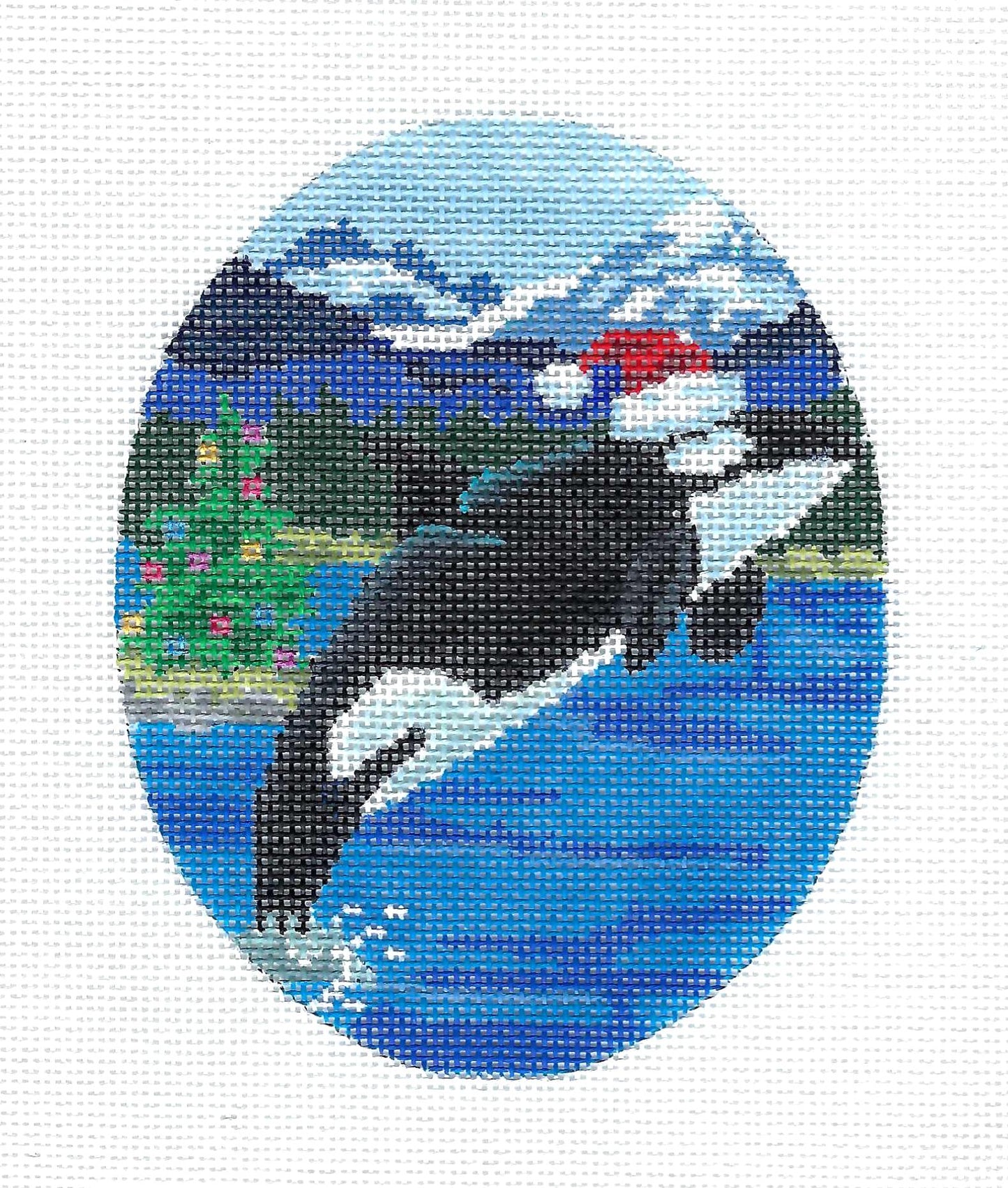 Orca Whale ~ Orca Whale in a Santa Hat Oval Handpainted  Needlepoint Canvas by Scott Church