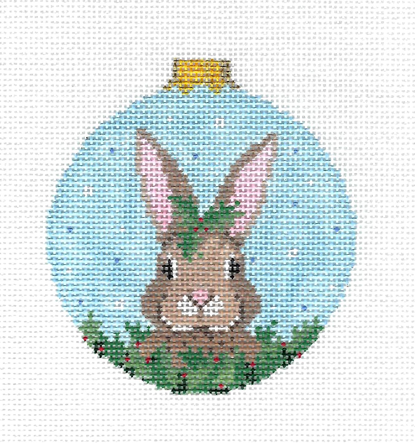 Rabbit ~ Brown Bunny in a Winter Holly Bush handpainted Needlepoint Ornament by Susan Roberts