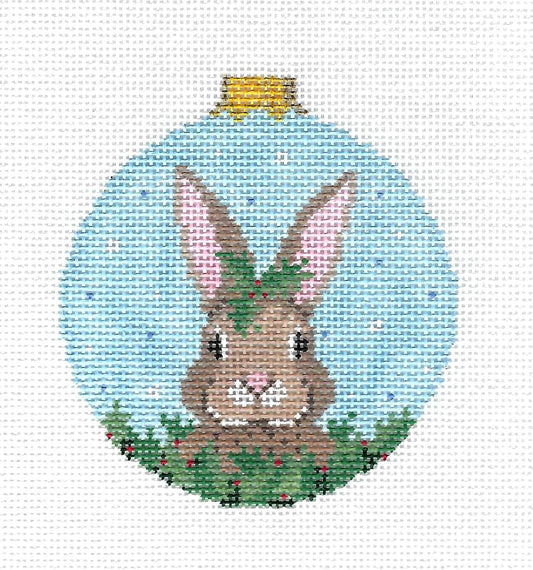 Rabbit ~ Brown Bunny in a Winter Holly Bush handpainted Needlepoint Ornament by Susan Roberts