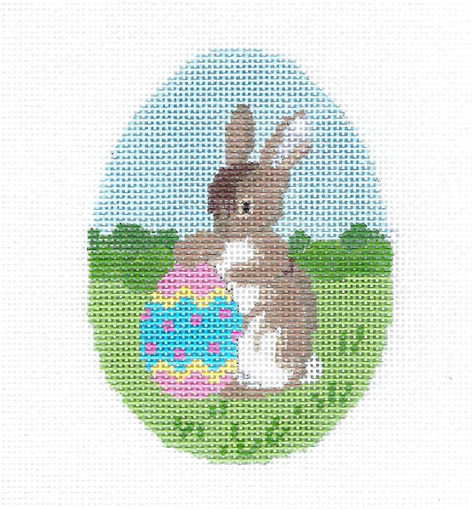 EGG ~ Easter Bunny with Colorful Egg handpainted Needlepoint Ornament by Susan Roberts