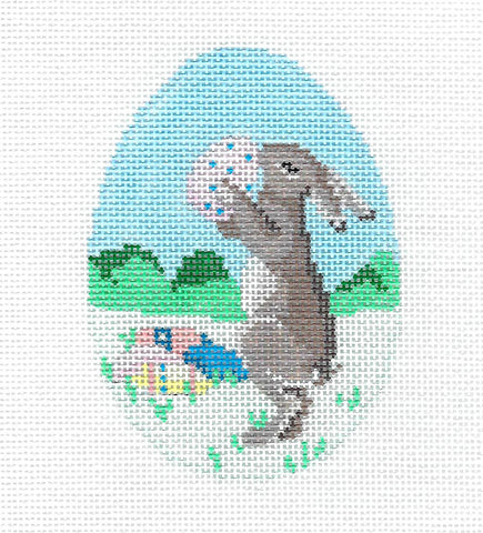 EGG ~ Brown Bunny with Colorful Easter Eggs handpainted Needlepoint Ornament by Susan Roberts