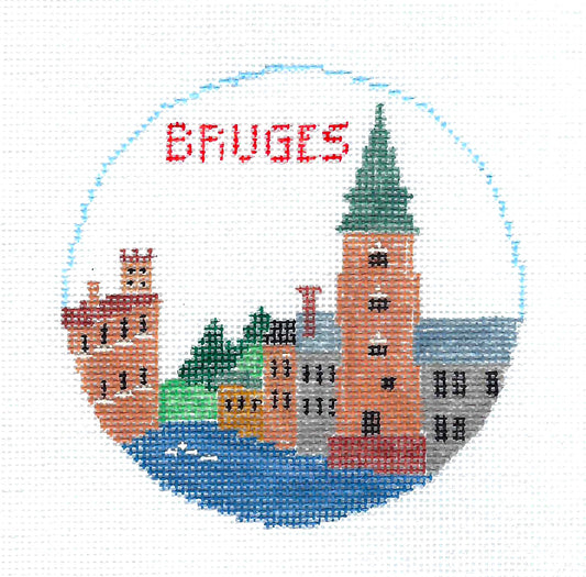 Travel Round ~ BRUGES, BELGIUM handpainted 4" Needlepoint Canvas by Kathy Schenkel