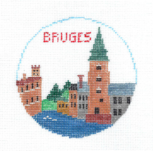 Travel Round ~ BRUGES, BELGIUM 18 Mesh handpainted 4" Needlepoint Canvas by Kathy Schenkel