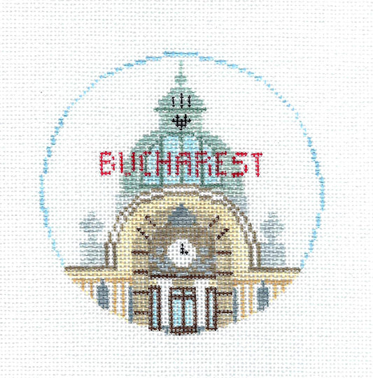 Travel Round ~ Bucharest, Romania  handpainted Needlepoint Canvas by Kathy Schenkel