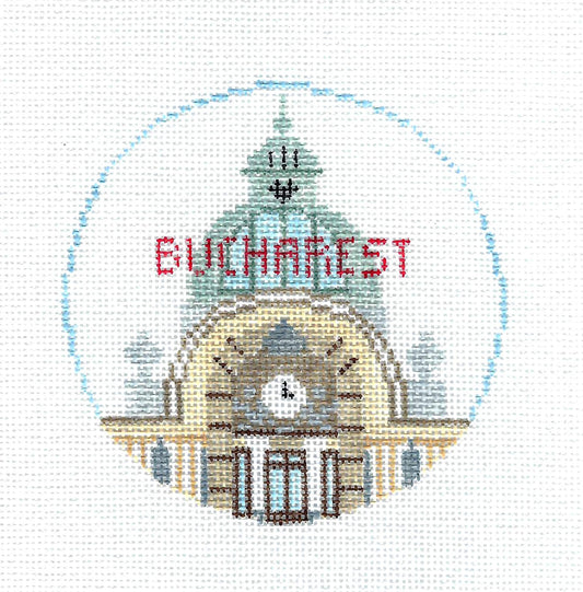 Travel Round ~ Bucharest, Romania  18 Mesh handpainted 4" Needlepoint Ornament Canvas by Kathy Schenkel