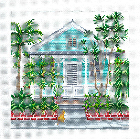Tropical House ~ Palm Porch Bungalow with Cat in Key West 6" Sq. handpainted 18 Mesh Needlepoint Canvas by Needle Crossings