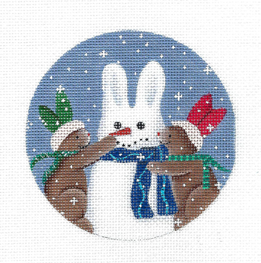 Bunnies making a Snow Bunny Ornament handpainted Needlepoint Canvas by Ginny Diezel from CBK