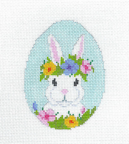 Egg ~ Bunny with a Floral Wreath on a Blue Egg handpainted Needlepoint Ornament by Susan Roberts