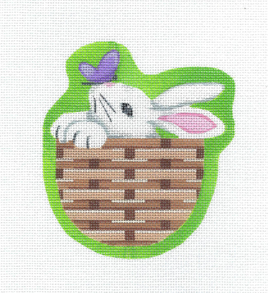 Easter ~ White Bunny Rabbit in a Basket with a Butterfly handpainted Needlepoint Canvas by Pepperberry