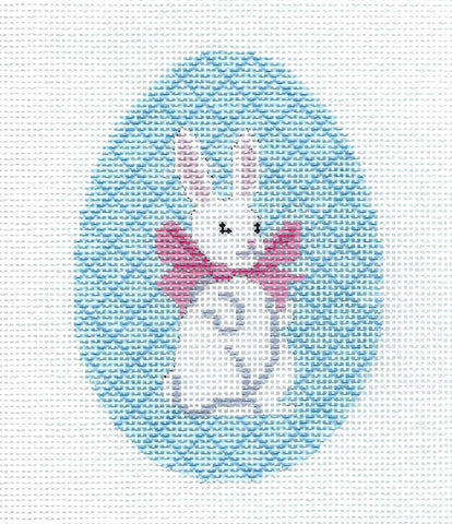 Egg ~ Bunny with a Pink Bow on a Blue EGG handpainted Needlepoint Ornament by Susan Roberts