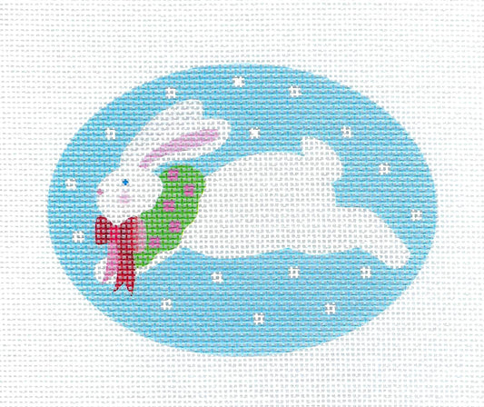 White Bunny Rabbit Wearing a Wreath on Blue 18 mesh handpainted Oval Canvas Needlepoint Ornament by Pepperberry