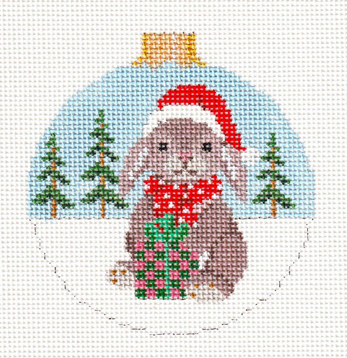 Bunny Rabbit in a Santa Hat with Gift handpainted 18 Mesh Needlepoint Ornament Canvas by Susan Roberts
