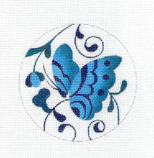 Butterfly ~ Butterfly in Blue & White handpainted 4" Needlepoint Canvas by Raymond Crawford