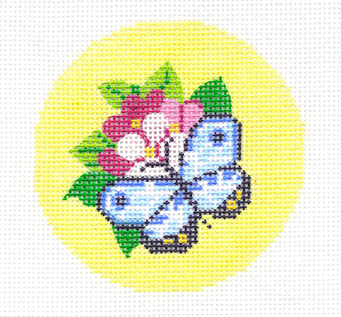 3" Round ~ Blue Butterfly on Flowers  handpainted Needlepoint Canvas 3" Rd. Ornament or Insert By LEE
