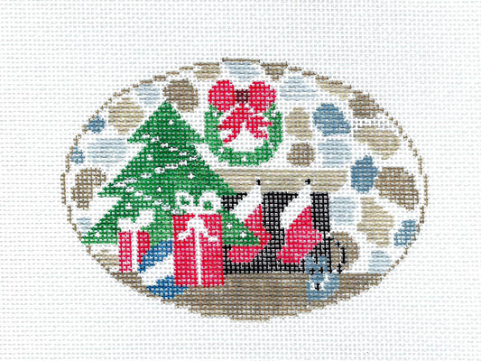 Christmas Eve Hearth & Tree Oval  handpainted Needlepoint Ornament Canvas Kathy Schenkel