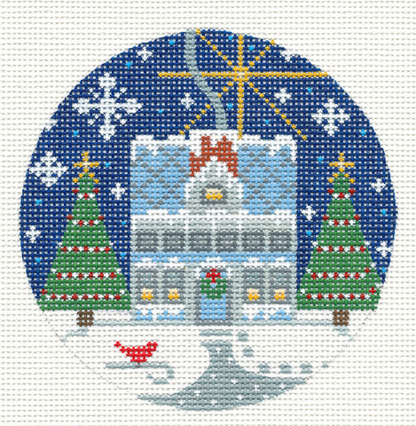 Village Series ~ Blue House in Snow with Cardinal handpainted Needlepoint Ornament CH Designs Danji