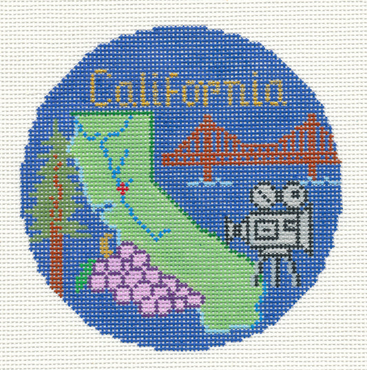 Travel Round ~ CALIFORNIA handpainted 4.25" Needlepoint Ornament Canvas by Silver Needle