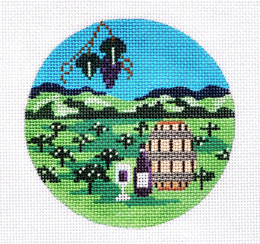 Travel Round ~ California Wine Country Napa Valley handpainted 4" Round Needlepoint Canvas by Painted Pony