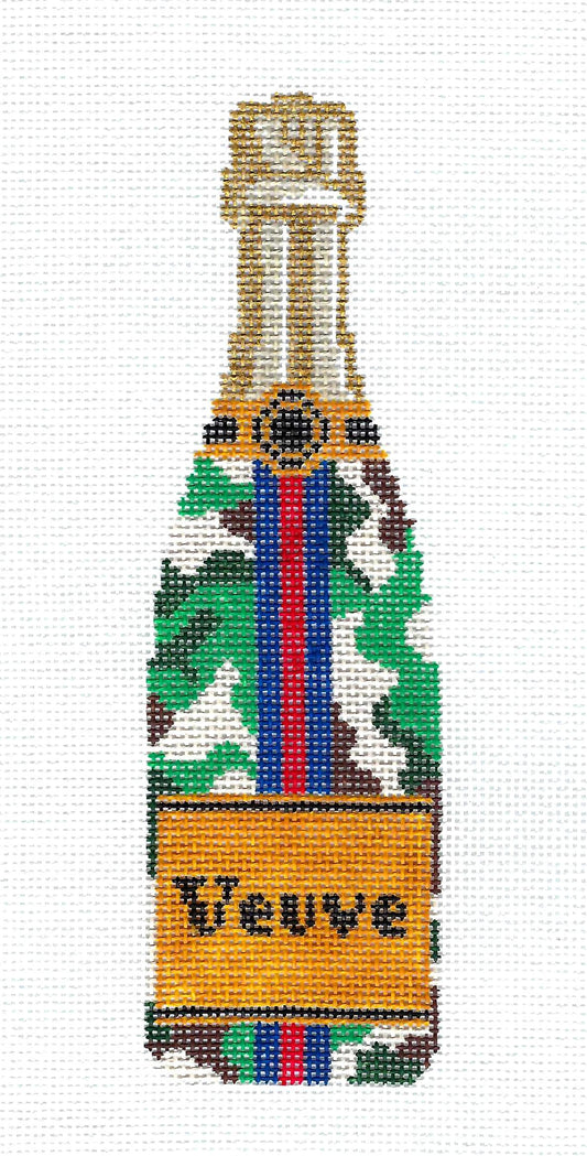 "Veuve" Single Champagne Bottle in CAMO Print handpainted Needlepoint Canvas by C'ate La Vie