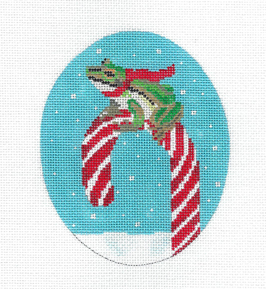 Christmas Frog on Candy Cane handpainted Oval Ornament Needlepoint Canvas by Scott Church