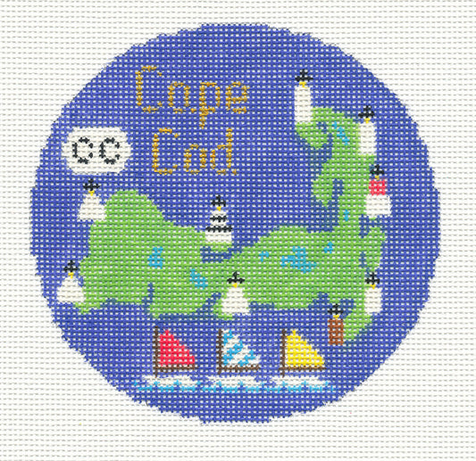 Round ~ CAPE COD, MASS handpainted 18 Mesh Needlepoint Ornament Canvas by Silver Needle