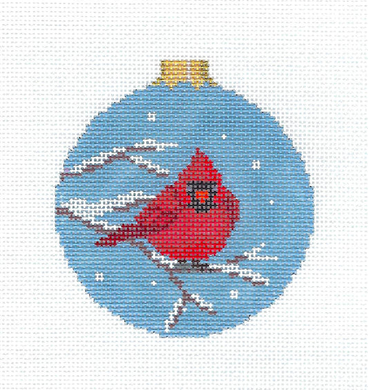 Bird ~ Cardinal on a Snowy Tree Branch handpainted 18 mesh Needlepoint Ornament by Susan Roberts